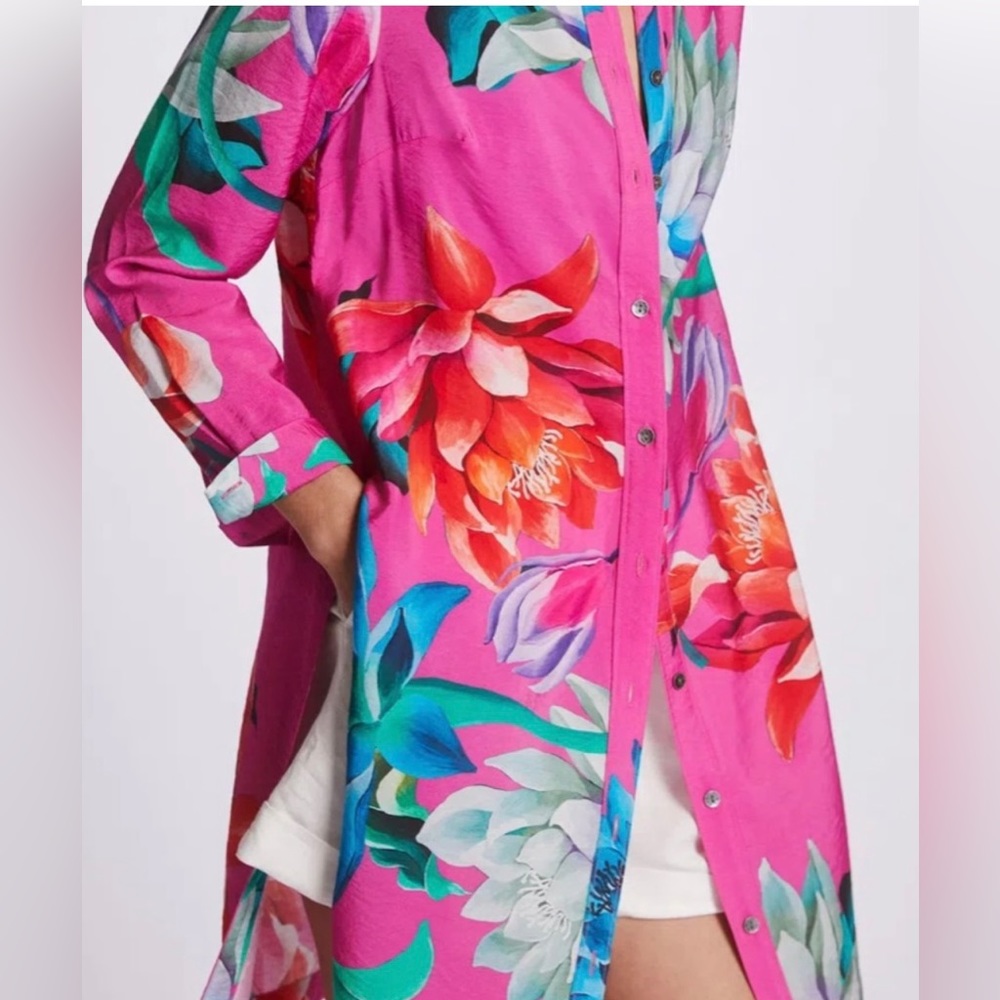 Anthropologie Maeve Pink Floral Button Down Tunic Shirt Size Large